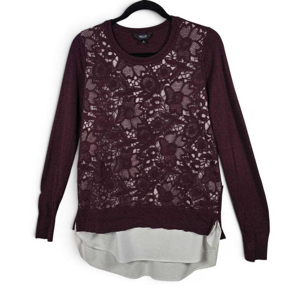 Simply Vera Vera Wang‎ Burgundy Lace Front Layered Tunic Sweater Womens Small